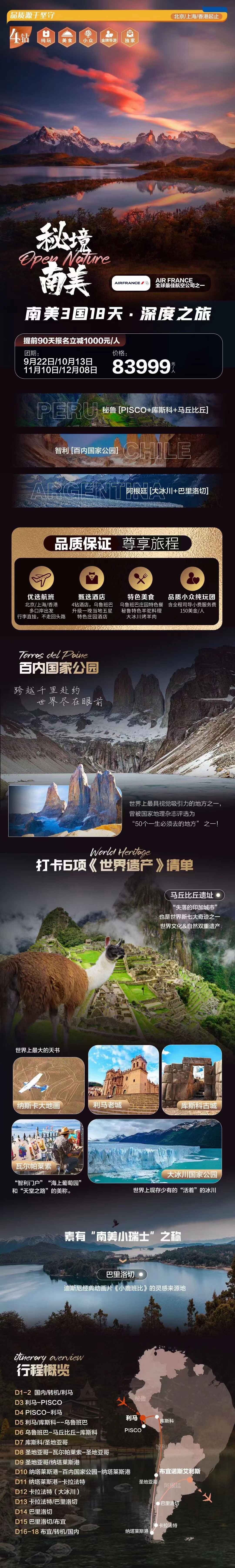 秘境南美|秘鲁（PISCO+库斯科+马丘比丘）、智利（百内）、阿根廷（大冰川+巴里洛切）3国18天.深度精品团产品特色简图